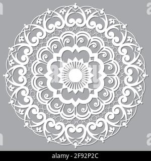 Moroccan Moorish  vector mandala, openwork arabic pattern with shadow in white on gray background Stock Vector