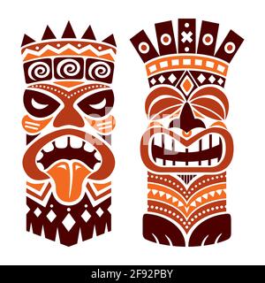 Tiki statue pole totem vector design - traditional decor set from Polynesia and Hawaii, tribal folk art background in brown Stock Vector