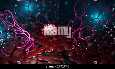 The virus floats in an abstract cellular environment. Health risk medical concept. Coronavirus, covid-19. 3 D illustration. Stock Photo