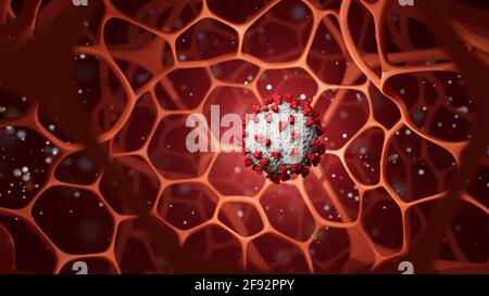 The virus floats in an abstract cellular environment. Health risk medical concept. Coronavirus, covid-19. 3 D illustration. Stock Photo