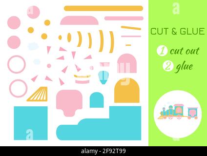 Cut and glue paper cartoon turquoise train. Cut and paste craft activity page. Educational game for preschool children. DIY worksheet. Kids logic game Stock Vector