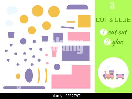 Cut and glue paper cartoon pink train. Cut and paste craft activity page. Educational game for preschool children. DIY worksheet. Kids logic game, act Stock Vector