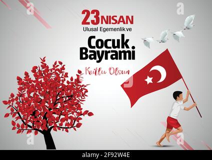 23 Nisan Ulusal Egemenlik ve Cocuk Bayrami. National Sovereignty and Children’s Day. Turkey boy running with flag. vector illustration. Stock Vector