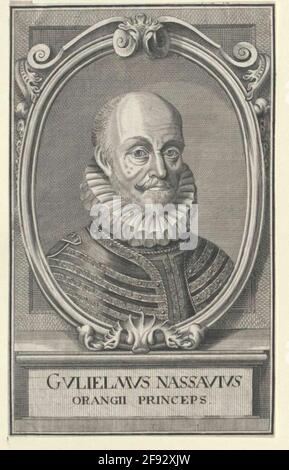 Wilhelm I, Prince of Orania, Count of Nassau Chest, half of the right; Barhaupt, with mustache, shortly solid, distinctive beardfly; Cutter; in urinary with decorative strips on the shoulder pieces; in oval framing with robille decor; On podium with Latin legend. Without designation. Copper engraving by Anton Carpenter [attributed]. Stock Photo