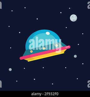 UFO spaceship flat design. star and planets on galaxy background. Flat style vector illustration Stock Vector