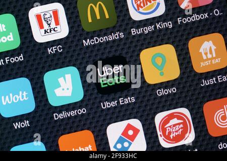 Food Delivery and Take Away Apps on a Smartphone, Close Up Stock Photo