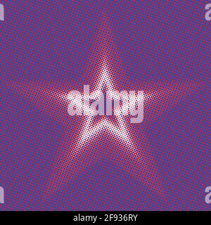 Star in color halftone raster effect. In blue red and white. Stock Vector