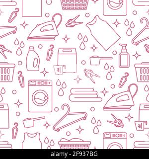 Vector Seamless pattern Illustration Laundry Cleaning service Washing machine, laundry basket, detergents, iron, clothespins, hanger, linen. Domestic Stock Vector