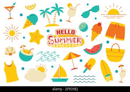 Hello summer collection set flat design on white background. Summer  symbols and objects colorful. Stock Vector
