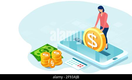 Vector of a business woman making money deposit via mobile app Stock Vector