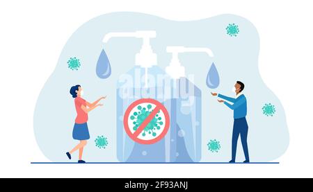 Vector of a man and woman wearing face masks washing hands using hand sanitizer to prevent coronavirus infection Stock Vector