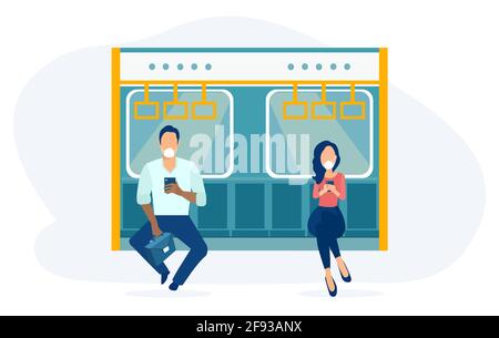 Vector of a young man and a woman in public transport wearing face masks Stock Vector