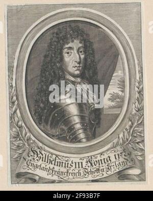 Wilhelm III., Prince of Orania, King of England as King: Chest Image, half of the right, body side from the right; in Harnic, with allon wig, leading towel; in the background right draped view of treetop; In oval framing, the lower half on both sides of two laurel branches, downstairs from the written tape with two-line German legend. Copper engraving without designation (Johann Christoph Sartorius attributed). Stock Photo