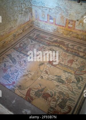 General view of the mosaic of the Room of the Fishing Cupids, Villa Romana del Casale Stock Photo