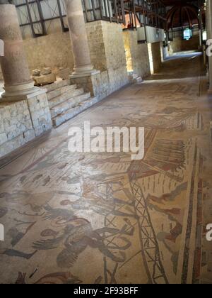 General view of the mosaic from the Ambulatory of the Great Hunt, Villa Romana del Casale Stock Photo