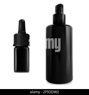 Airless pump bottle. Black cosmetic serum vial. Moisturizer essence, base liquid mock up. Medical ointment flask, black plastic jar, medicine packagin Stock Vector