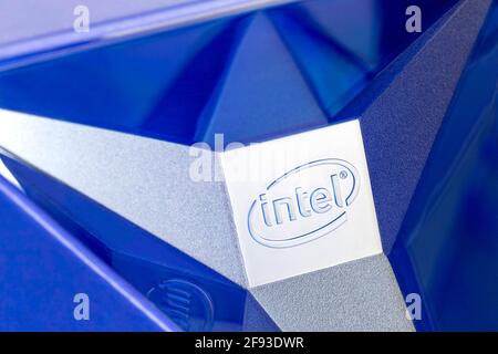 Prague, CZ-17 January 2021: Close up of box design of 10th Generation Intel Comet Lake-S 10 Core  i9 10900K CPU Processor for desktop. Illustrative Ed Stock Photo