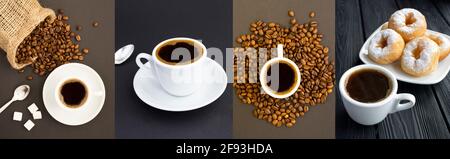 Collage of black coffee in the white cup and coffee beans on the dark background Stock Photo