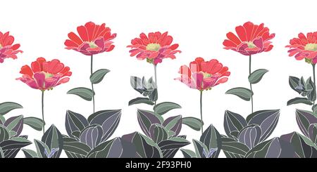 Vector floral seamless pattern, border. Red zinnias with green stems and leaves Stock Vector