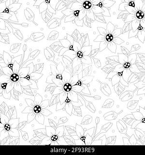 Monochrome doodle bohemian flower seamless pattern, page for adult coloring book. Black and white floral outline. Vector hand drawn illustration. Stock Vector