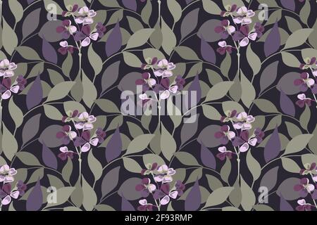 Vector floral seamless pattern. Purple flowers, green leaves Stock Vector
