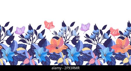 Vector floral seamless pattern, border. Blue. pink, coral color flowers, blue leaves, butterflies Stock Vector