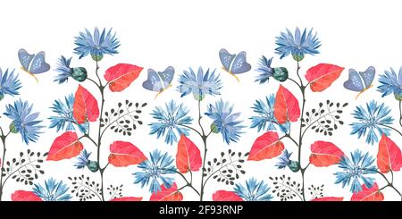 Art floral vector seamless pattern, border. Blue flowering cornflower, Centaurea flowers Stock Vector