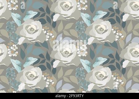 Vector floral seamless pattern. Delicate roses, blue leaves isolated on a brown background. Stock Vector