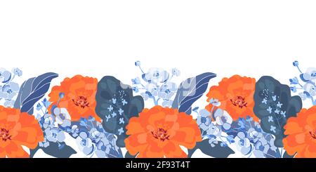 Vector floral seamless border. Orange color tagetes, marigold, small blue flowers, blue leaves Stock Vector