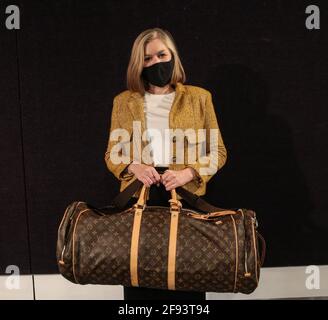 london, UK. 16th Apr, 2021. On show an array of luxury accessories for a  stylish post-lockdown expedition, including a selection of classic and  desirable Louis Vuitton Monogram luggage.Monogram Tennis Bag 70. Louis
