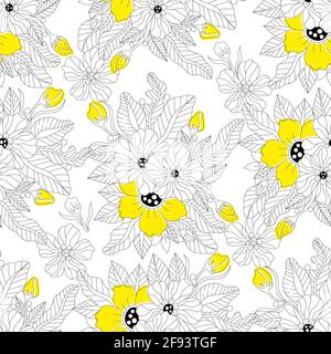 Monochrome doodle bohemian yellow flower seamless pattern, page for adult coloring book. Black and white floral outline. Vector hand drawn Stock Vector