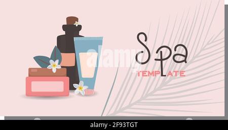 Advertising template for spa salon. Beauty salon horizontal banner. Personal care and cosmetics concept. Relaxation and massage. Cosmetics and items d Stock Vector