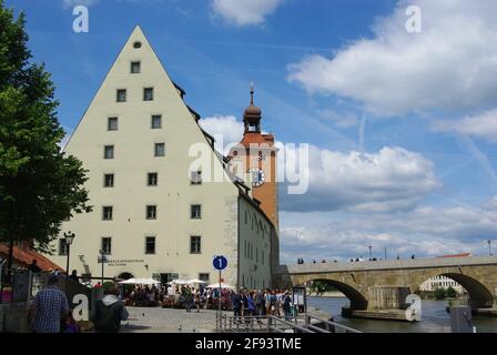 Salt store, tower and the 12th century stone bridge over River Danube, Regensburg, Bavaria, Germany Stock Photo