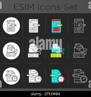 Copywriting services dark theme icons set Stock Vector