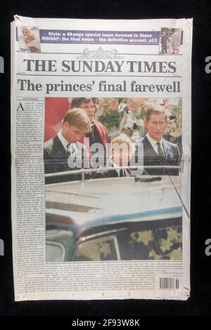 Front page of the The Sunday Times Newspaper after the funeral of Diana, Princess of Wales, 6th September 1997 (paper dated 7th Sept 1997). Stock Photo