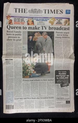 Front page of The Times newspaper following the death of Diana, Princess of Wales (paper dated Friday 5th September 1997). Stock Photo