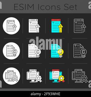 Professional copywriting services dark theme icons set Stock Vector