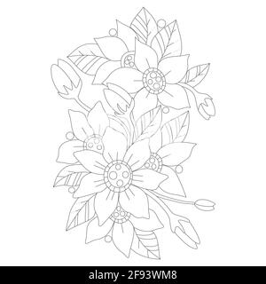 Outline doodle bohemian flowers in black and white for adult coloring books, monocrome floral vector pattern. Stock Vector