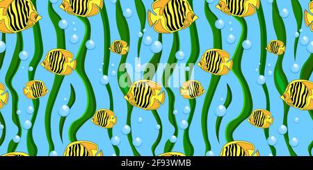 Children's pattern for clothes with fish. Underwater world background seamless. Design of children's textiles, wallpapers and fabrics. Underwater worl Stock Vector