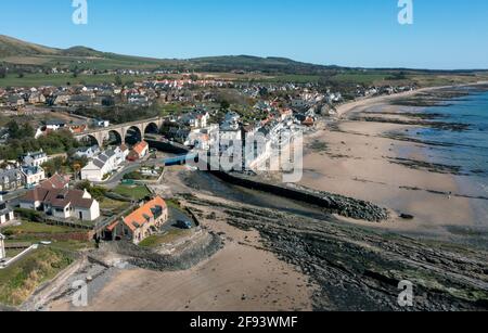 Aerial view of Lower Largo, Fife, famous as the 1676 birthplace of Alexander Selkirk who provided inspiration for Daniel Defoe's book Robinson Crusoe.