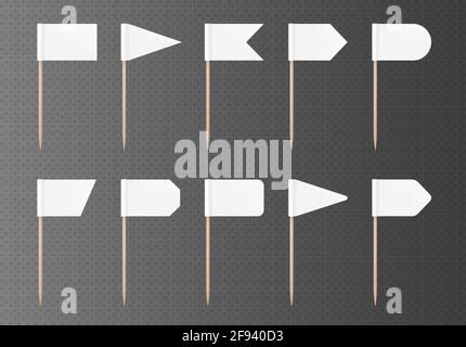 White toothpick flags isolated on a transparent background. Blank flag on a wooden stick. Stock Vector