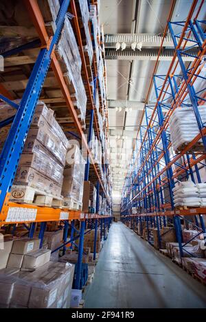 Modern logistic centre and warehouse rack system. Aktobe, Kazakhstan. Stock Photo