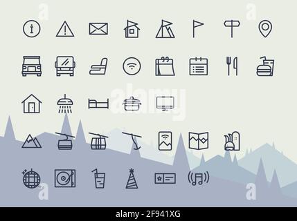 Ski resort icon set, hotel and hospitality collection. Outlined symbols with objects related with mountains, tourism, outdoor, snowboarding and skiing Stock Vector