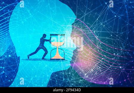 Time management planning and control concept for efficient successful and profitable business. Double exposure portrait of young man and businessman p Stock Photo
