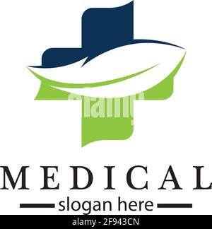 Medical cross and herbal leaf. medicine pharmacy logo. medical health symbol. herbal health care logo. nature logo. Stock Vector