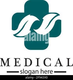 Medical cross and herbal leaf. medicine pharmacy logo. medical health symbol. herbal health care logo. nature logo. Stock Vector
