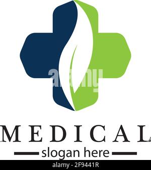 Medical cross and herbal leaf. medicine pharmacy logo. medical health symbol. herbal health care logo. nature logo. Stock Vector