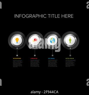 Vector multipurpose Infographic template with four elements options - premium metallic silver  version on a dark background. Four silver infochart tem Stock Vector