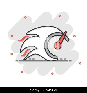 Flaming speedometer sign icon in comic style. Accelerate vector cartoon illustration on white isolated background. Motion tachometer business concept Stock Vector