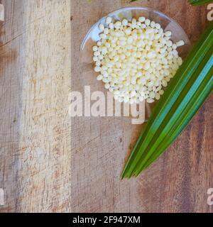 Organic Candelilla Wax in Chemical Watch Glass and broadleaf lady palm leaf on wooden background. (Top View) Stock Photo
